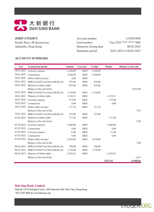 Relevé de la banque DAH Sing de Hong Kong